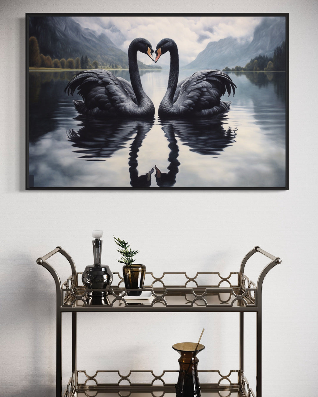 Black Swans In The Lake Framed Canvas Wall Art