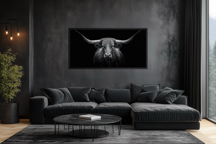 Extra large canvas wall art featuring a black and white portrait of a Texas Longhorn cow.