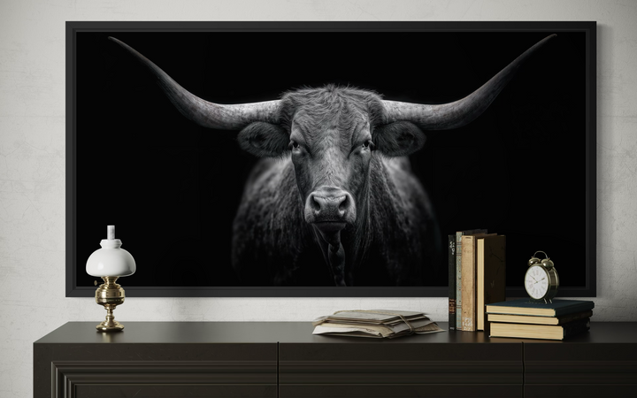 Extra large black and white canvas wall art of a Texas Longhorn cow in a black frame.