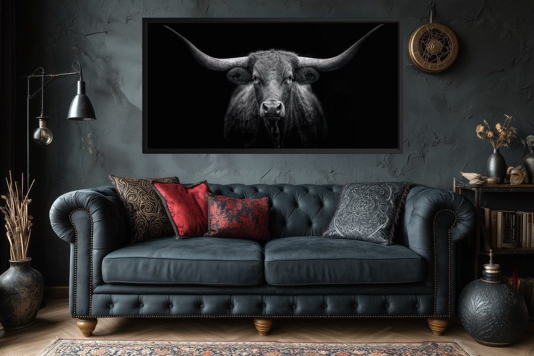 Extra large canvas wall art featuring a black and white portrait of a Texas Longhorn cow.