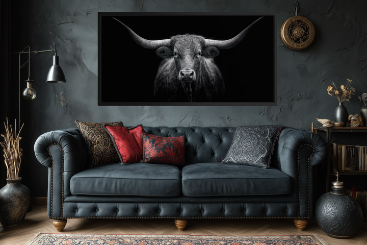 Extra large canvas wall art featuring a black and white portrait of a Texas Longhorn cow.