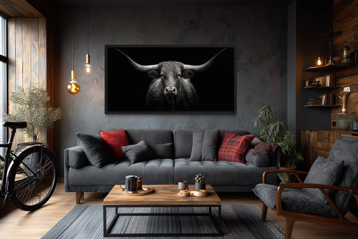 Black Texas Longhorn Cow Extra Large Canvas Wall Art