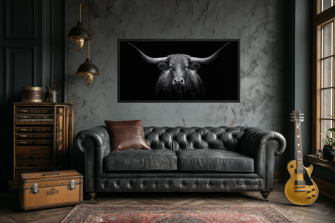 Extra large canvas wall art featuring a centered black and white portrait of a Texas Longhorn cow.