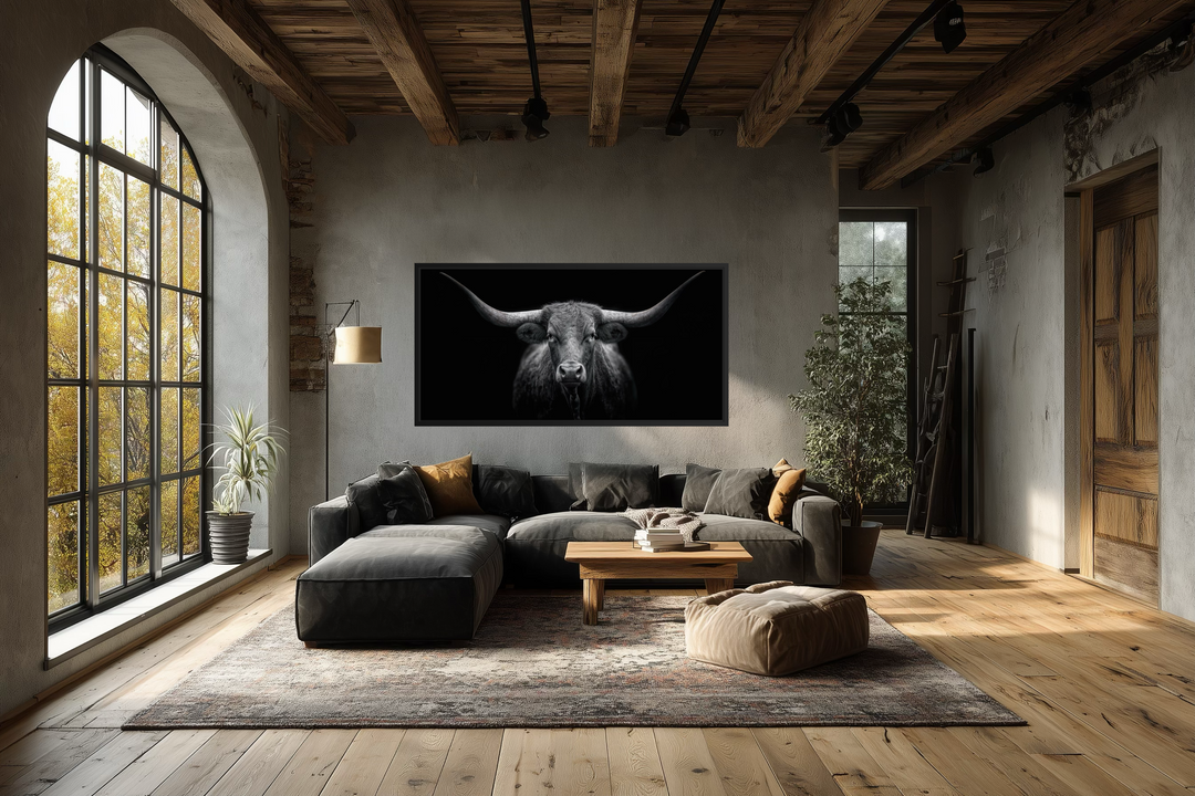 Extra large canvas wall art featuring a black and white portrait of a Texas Longhorn cow.