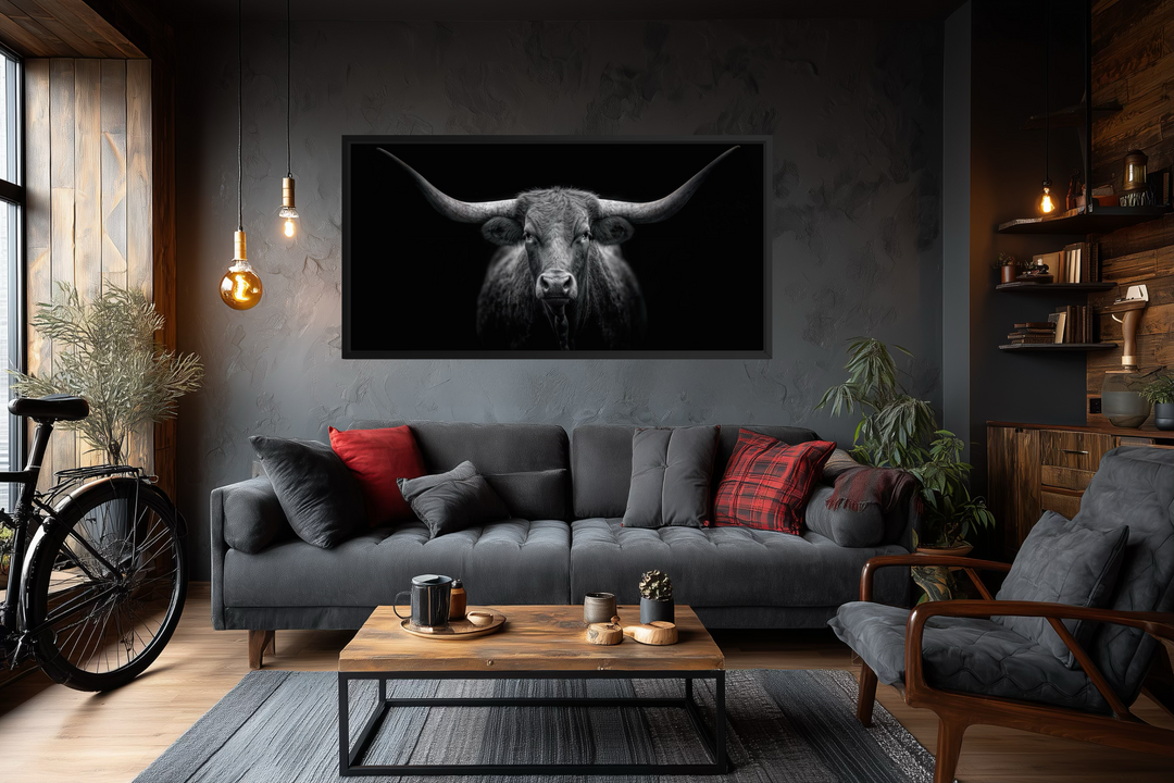 Extra large canvas wall art featuring a centered black and white portrait of a Texas Longhorn cow.