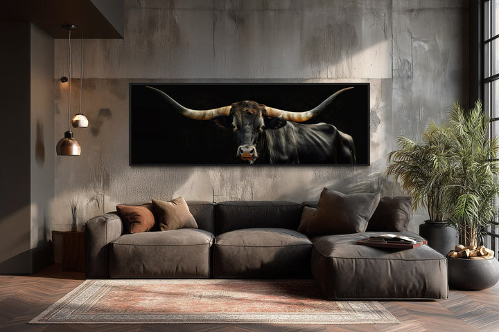 Black Texas Longhorn cow horizontal framed canvas wall art.