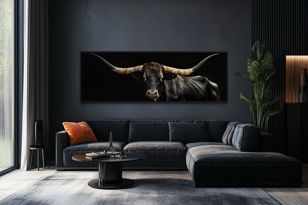 Black Texas Longhorn Cow horizontal framed canvas wall art.
