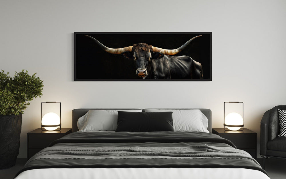 Black Texas Longhorn Cow Long Horizontal Framed Canvas Wall Art-Wall Decor Delights