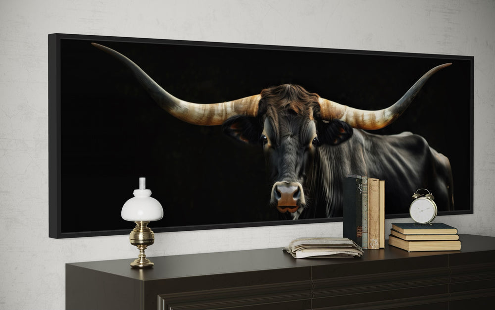 Black Texas Longhorn Cow Long Horizontal Framed Canvas Wall Art