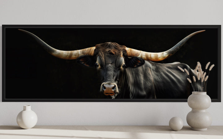 Black Texas Longhorn Cow Long Horizontal Framed Canvas Wall Art