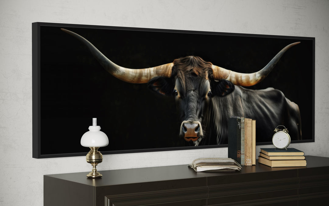 Black Texas longhorn cow horizontal framed canvas wall art.