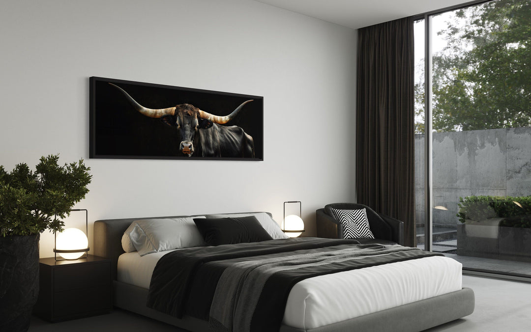 Black Texas Longhorn Cow Long Horizontal Framed Canvas Wall Art