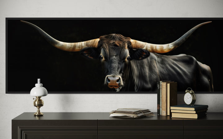 Black Texas Longhorn cow horizontal framed canvas wall art.