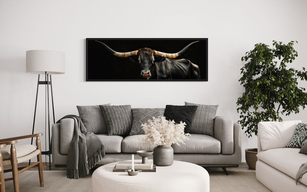 Black Texas Longhorn Cow Long Horizontal Framed Canvas Wall Art