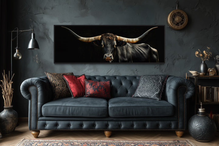 Black Texas Longhorn cow horizontal framed canvas wall art.