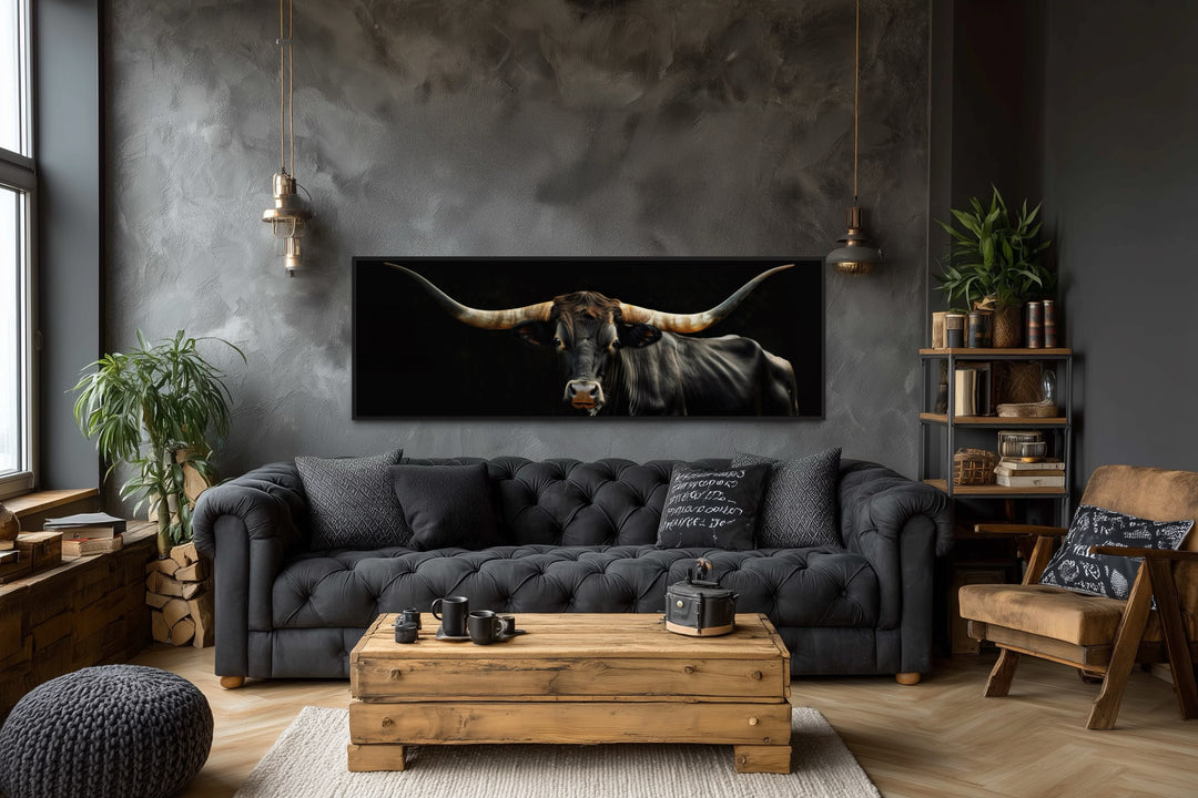 Black Texas Longhorn Cow horizontal framed canvas wall art.