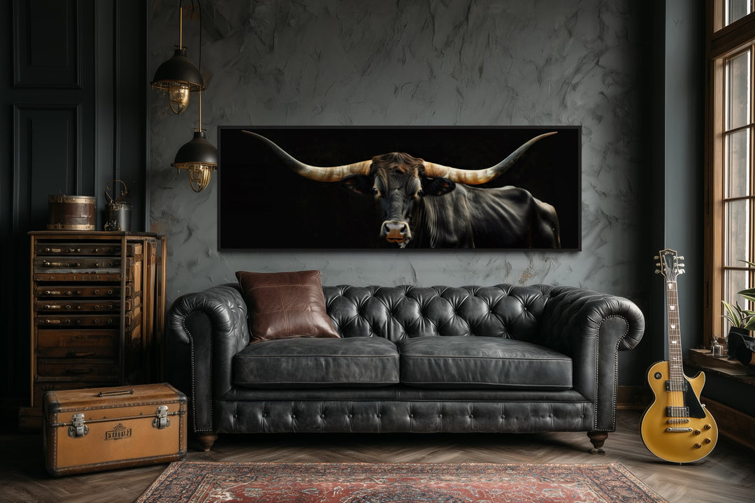 Black Texas Longhorn Cow horizontal framed canvas wall art.