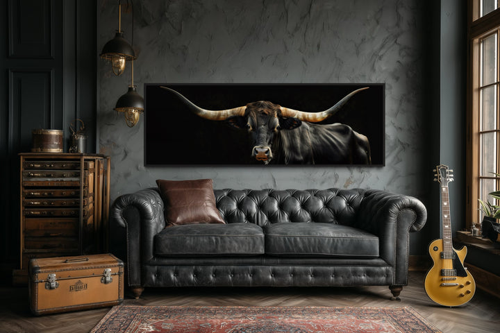 Black Texas Longhorn Cow horizontal framed canvas wall art.