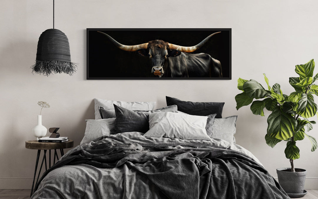 Black Texas Longhorn Cow Long Horizontal Framed Canvas Wall Art-Wall Decor Delights