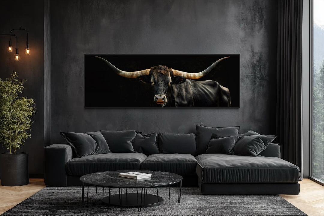 Black Texas Longhorn Cow Long Horizontal Framed Canvas Wall Art