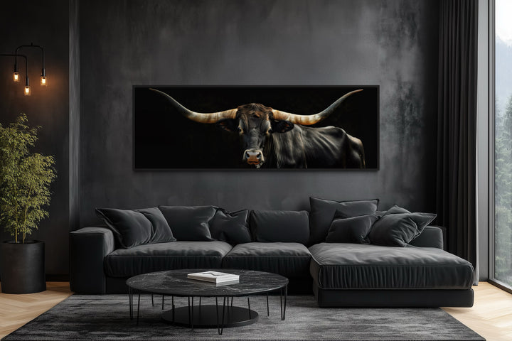 Black Texas Longhorn Cow Long Horizontal Framed Canvas Wall Art