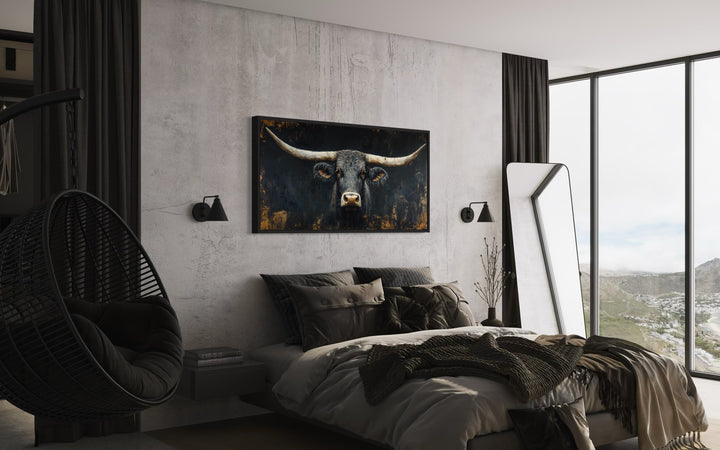 Black Texas Longhorn Head On Black Background Framed Canvas Wall Art