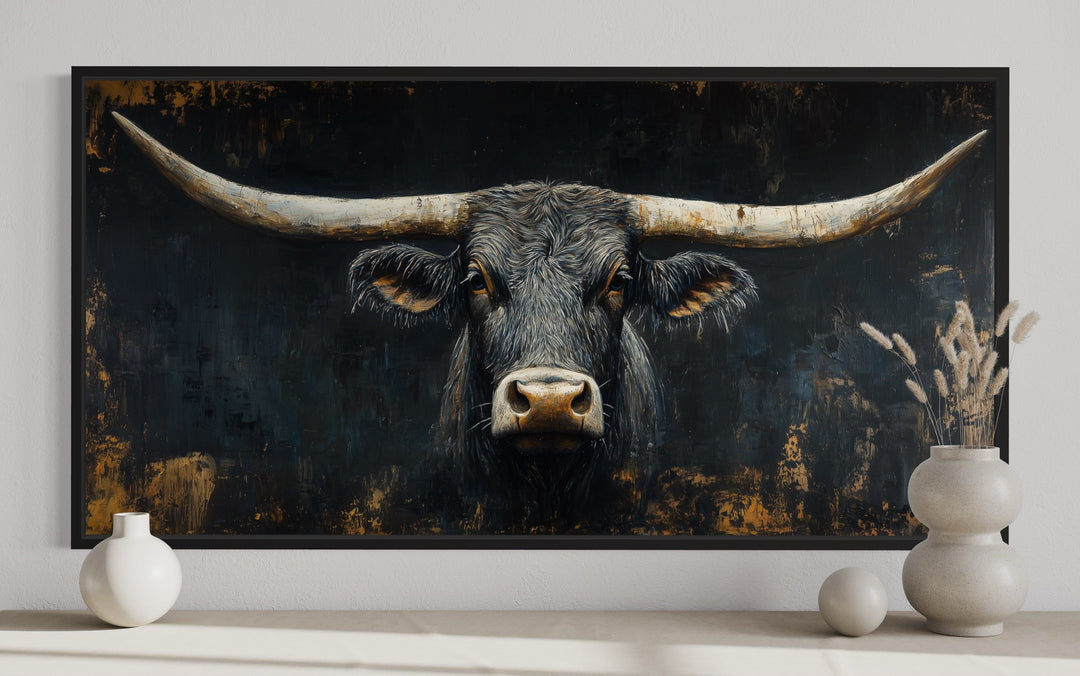 Black Texas Longhorn Head On Black Background Framed Canvas Wall Art