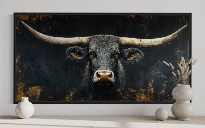 Black Texas Longhorn Head On Black Background Framed Canvas Wall Art