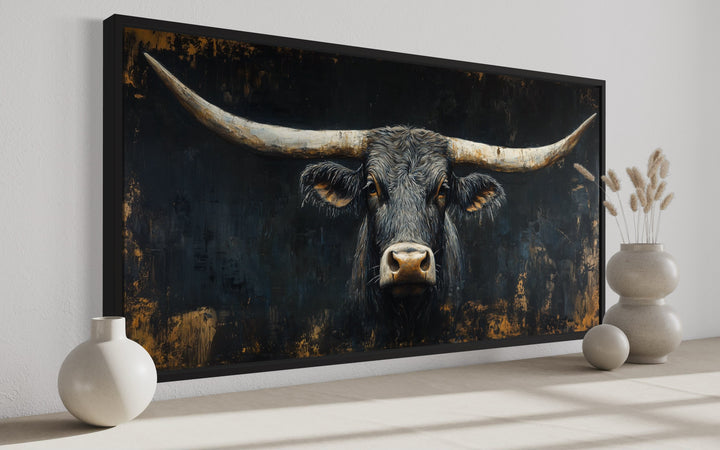 Black Texas Longhorn Head On Black Background Framed Canvas Wall Art