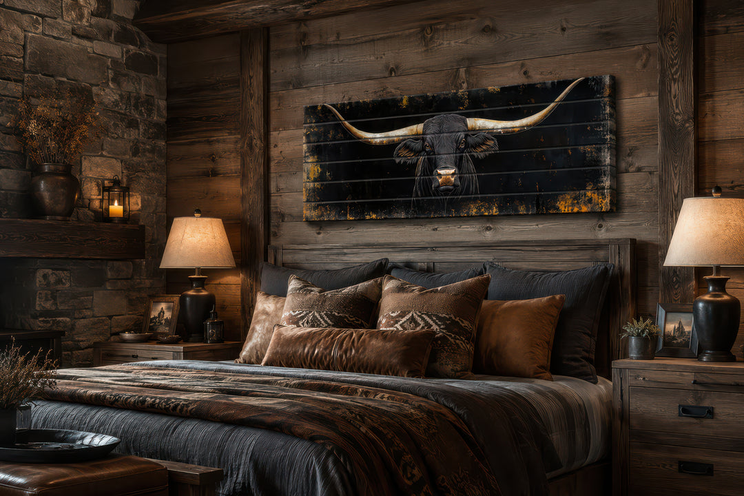 Black Texas Longhorn printed on horizontal rustic wood planks, hanging above a bed in a cabin.