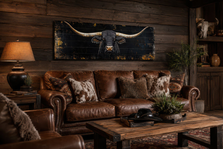 Black Texas Longhorn printed on horizontal wooden planks above a brown leather sofa.