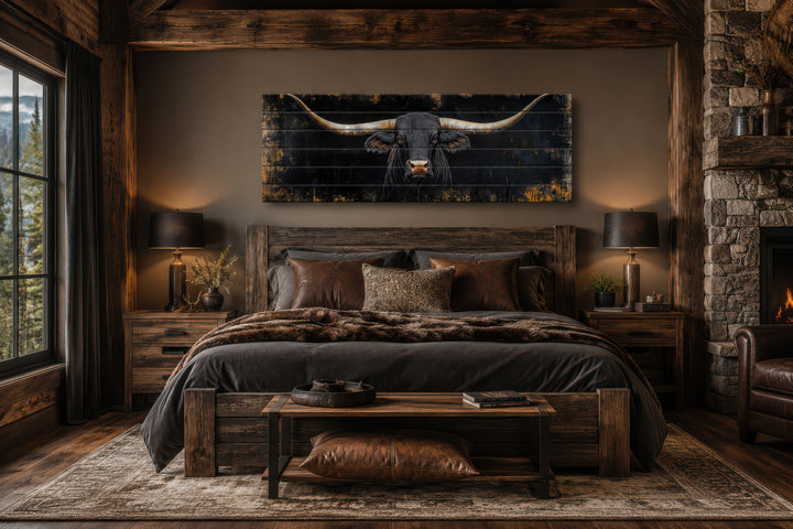 Black Texas Longhorn long narrow real wood wall art hanging above a bed in a rustic bedroom.