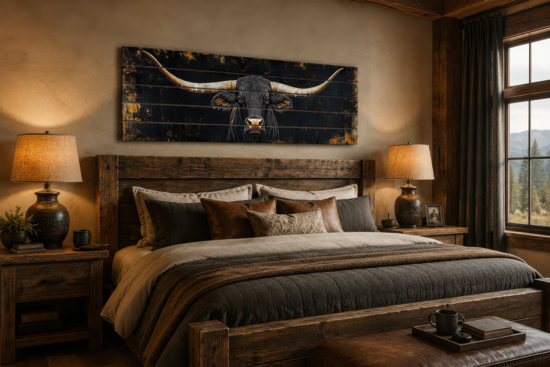 Black Texas Longhorn long narrow real wood wall art hanging above a rustic wooden bed.