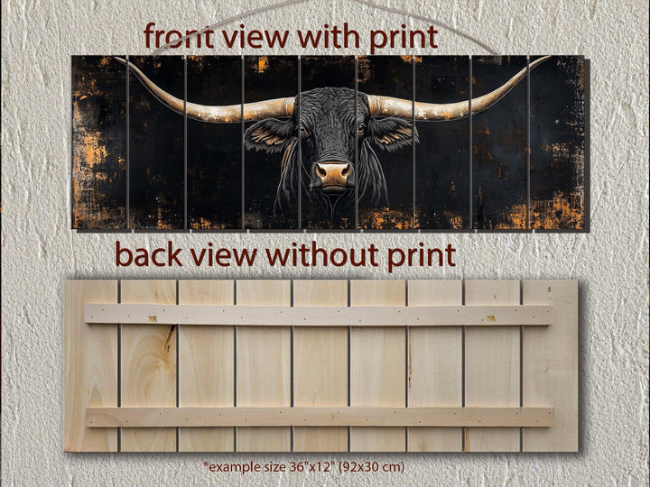 Black Texas Longhorn printed on horizontal rustic wood planks, front and back views shown.