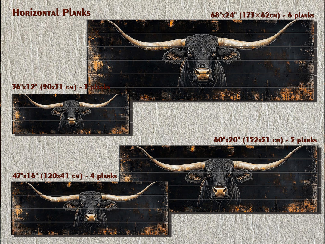 Black Texas Longhorn wood wall art in four horizontal plank sizes from 36 to 68 inches wide.