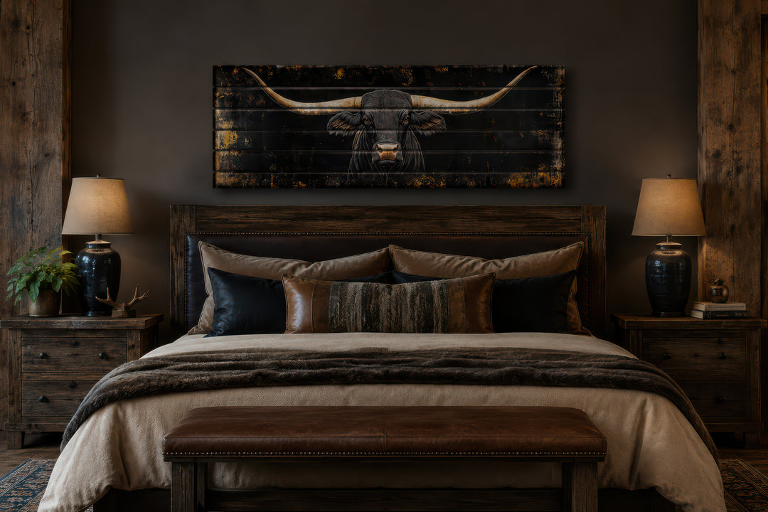 Black Texas Longhorn printed on horizontal wood planks, hanging above a bed in a rustic bedroom.
