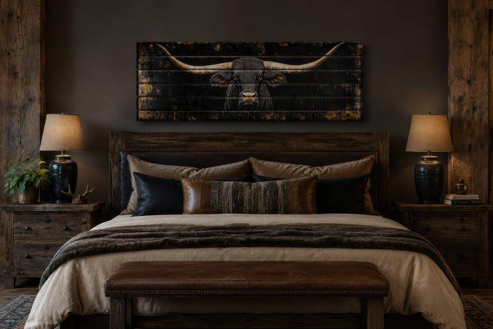 Black Texas Longhorn printed on horizontal wood planks, hanging above a bed in a rustic bedroom.
