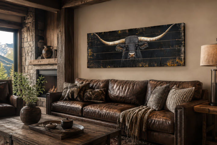 Black Texas Longhorn printed on horizontal wooden planks above a brown leather sofa.