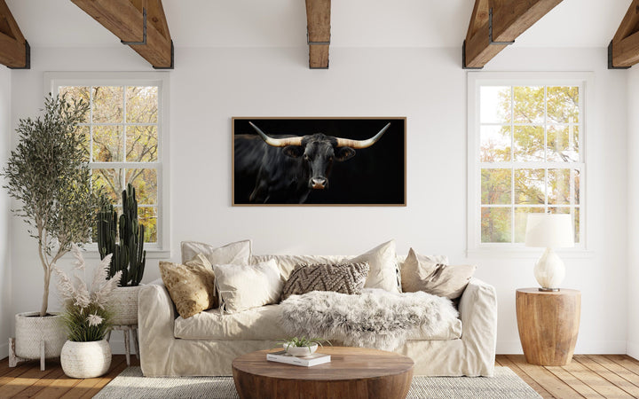 Black Texas Longhorn Photo Style Extra Large Framed Canvas Wall Art