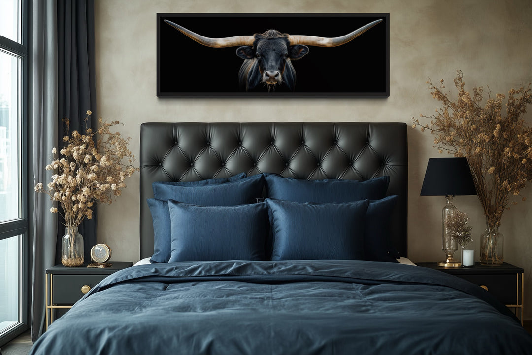 Black Texas Longhorn Steer Panoramic Above Couch Framed Canvas Wall Art