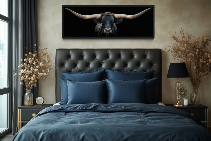 Black Texas Longhorn Steer Panoramic Above Couch Framed Canvas Wall Art