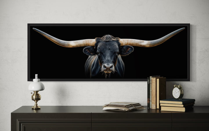 Black Texas Longhorn Steer Panoramic Above Couch Framed Canvas Wall Art