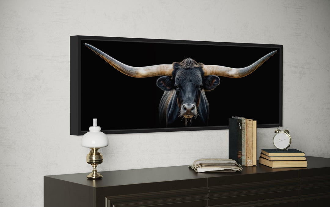 Black Texas Longhorn Steer Panoramic Above Couch Framed Canvas Wall Art