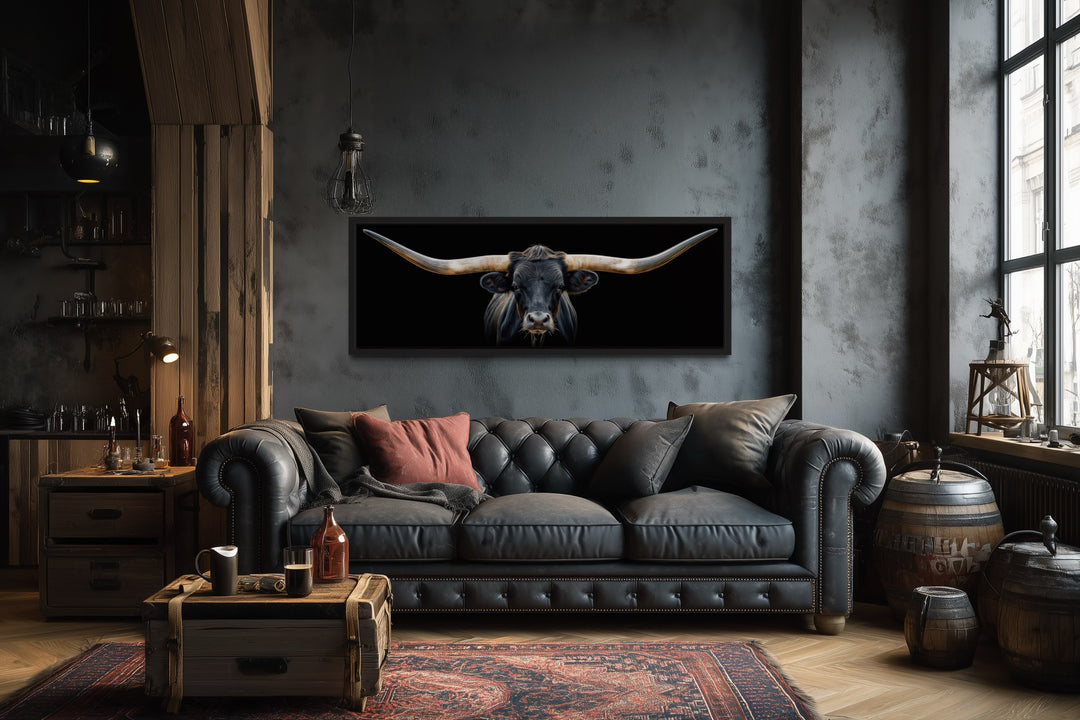 Black Texas Longhorn Steer Panoramic Above Couch Framed Canvas Wall Art