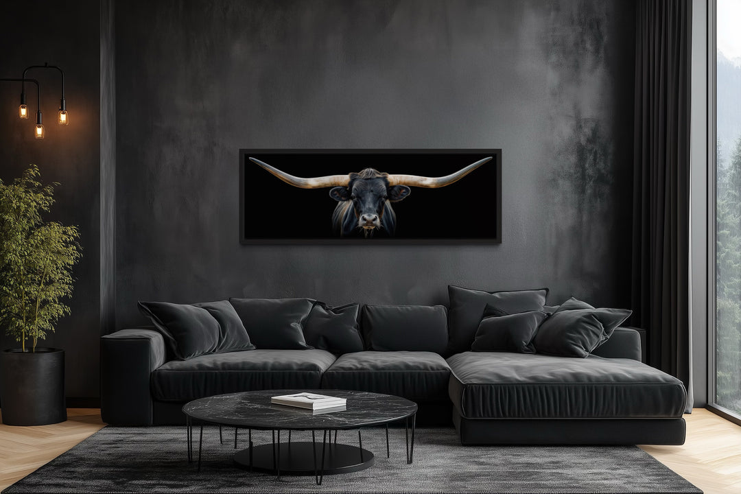 Black Texas Longhorn Steer Panoramic Above Couch Framed Canvas Wall Art