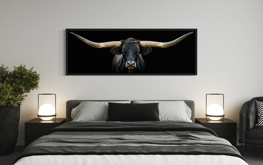 Black Texas Longhorn Steer Panoramic Above Couch Framed Canvas Wall Art