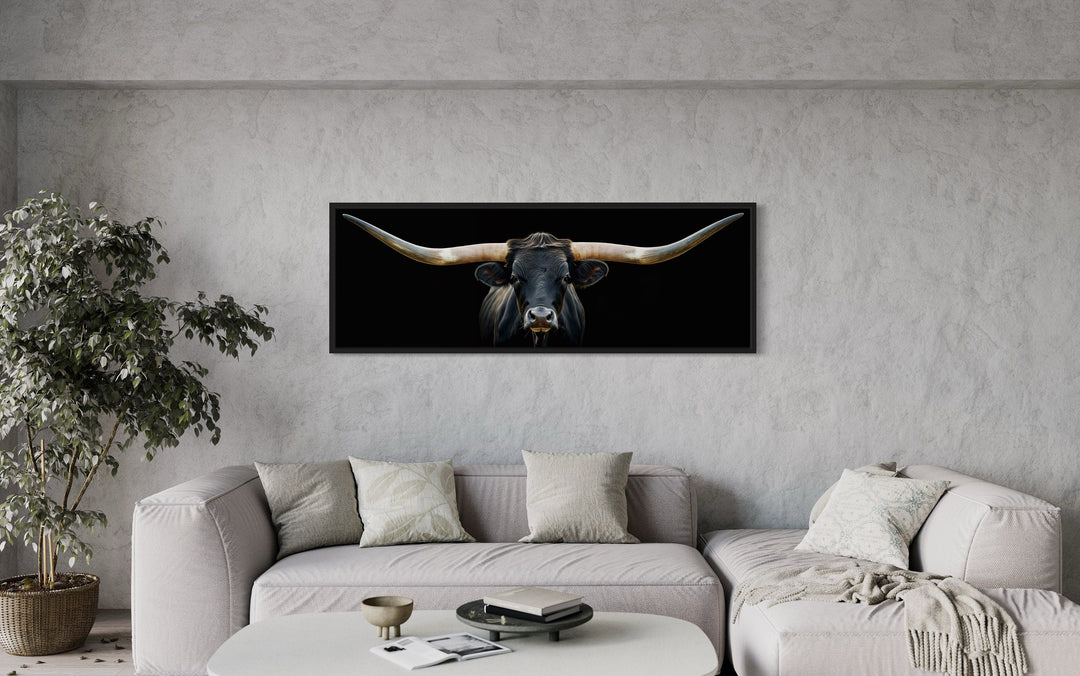 Black Texas Longhorn Steer Panoramic Above Couch Framed Canvas Wall Art