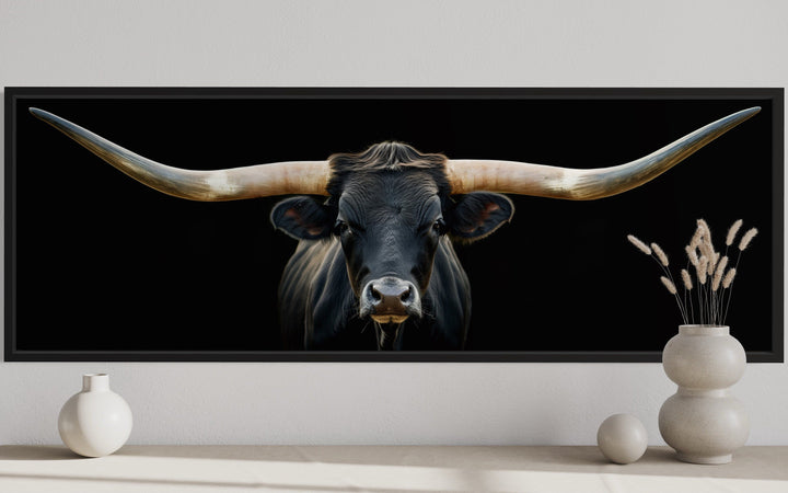 Black Texas Longhorn Steer Panoramic Above Couch Framed Canvas Wall Art