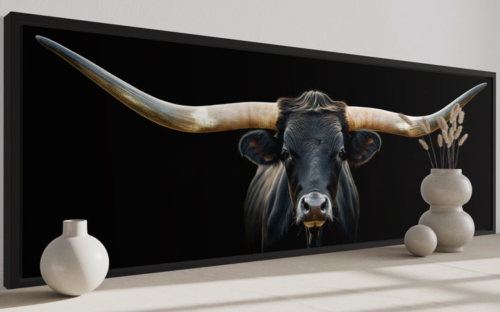 Black Texas Longhorn Steer Panoramic Above Couch Framed Canvas Wall Art