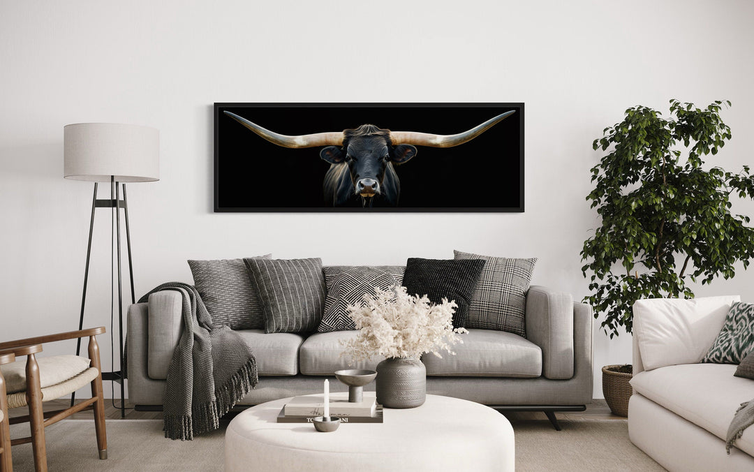 Black Texas Longhorn Steer Panoramic Above Couch Framed Canvas Wall Art